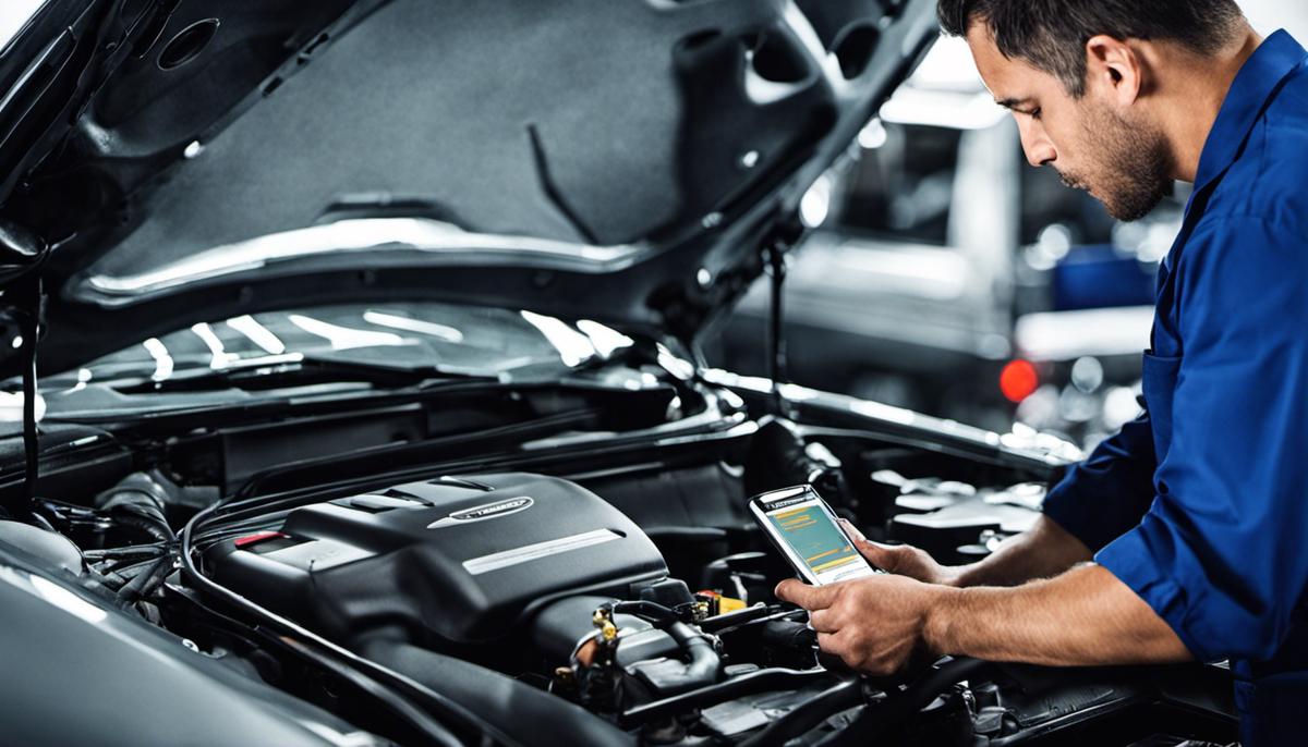 Image description: A mechanic using digital diagnostics tools to examine a car's engine.