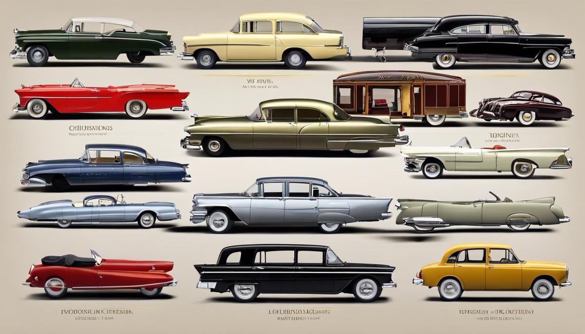 Image depicting the evolution of automobiles in the 20th century, showcasing different models and technologies.