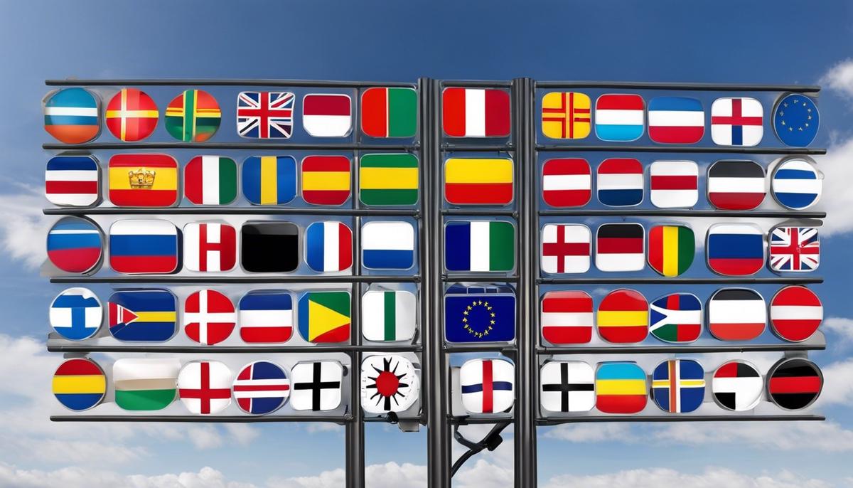 Image description: A road sign with European flags symbolizing the formation of automobile laws in Europe.