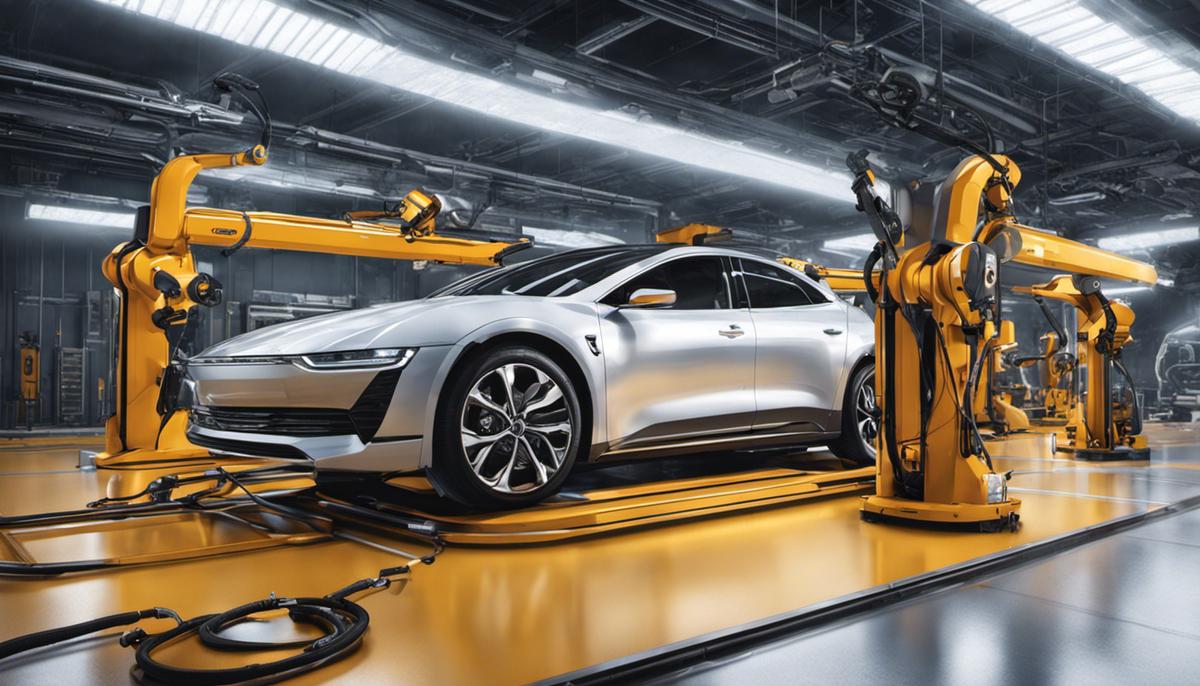 Illustration of a car being inspected by robotic arms and sensors in an automated car maintenance facility.
